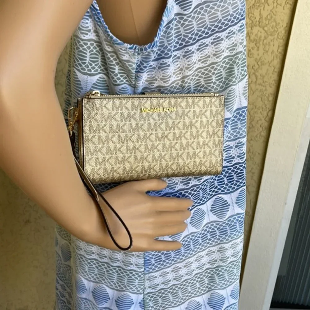 Michael Kors Jet Set Travel Large Double Zip Wristlet Wallet Pale Gold